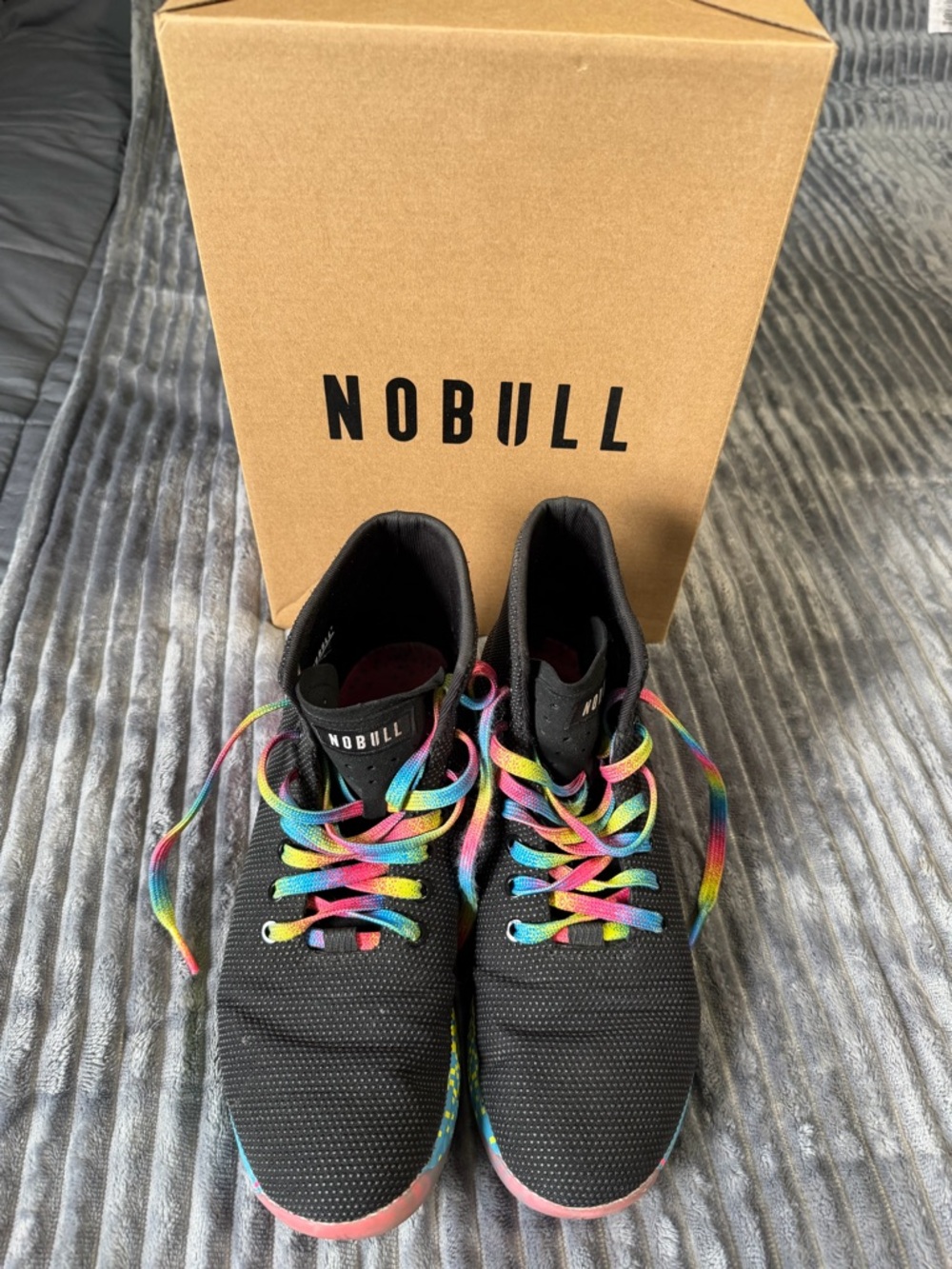 NOBULL Black Hi Top Sneakers with Rainbow Laces